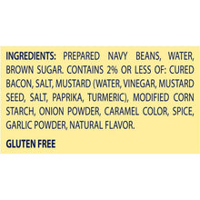 Baked beans ingredients panel showing Gluten Free and cured bacon note