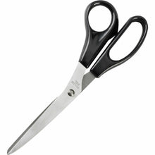Stainless steel scissors with black plastic finger loops and straight blades
