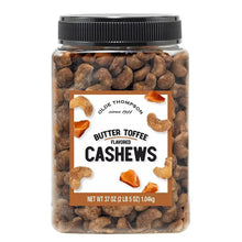 Jar of butter toffee flavored cashews with black screw-top lid and front label