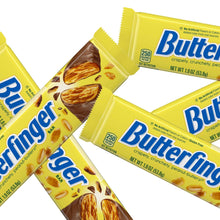 Stacked Butterfinger candy bar wrappers and bars in yellow packaging