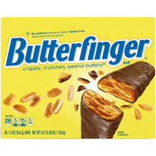 Butterfinger candy bar box front with yellow wrapper and chocolate bar illustration