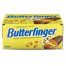 Butterfinger candy bar multipack box with yellow wrappers and chocolate bar illustrations.