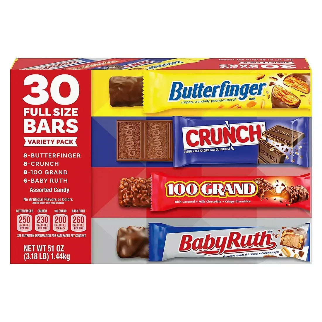 Butterfinger, Crunch, Baby Ruth and 100 Grand, Bulk Pack, Assorted Full Size Chocolate Candy Bars, 30 ct.