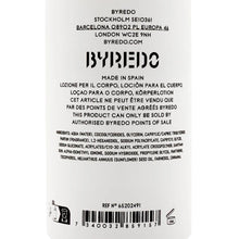 Byredo body lotion bottle with close view of white back label and barcode