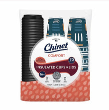 Chinet Comfort insulated cups and lids, stacked black cups