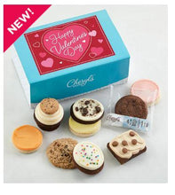 Assorted Valentine cookies sampler with round and heart cookies in blue box