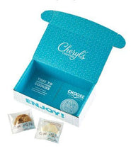 Cheryl's assorted cookie box with blue top and two small cookie packs