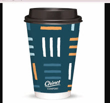 Chinet Comfort insulated cup with teal geometric print and black lid