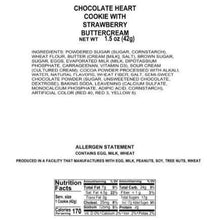 Chocolate heart cookie ingredients and allergens panel with strawberry buttercream, net 1.5 oz