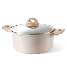 Cream ceramic dutch oven with glass lid and wood side handles, round pot