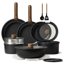 Black nonstick cookware set with pots, frying pan, steamer, and matching lids