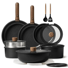 Carote black nonstick cookware set with detachable wood handles and matching lids