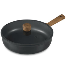 Black nonstick saute pan with wooden lid knob and matching lid