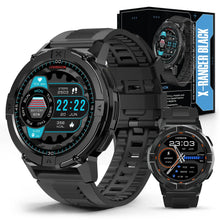 Rugged black waterproof smartwatch with round display and sport perforated strap