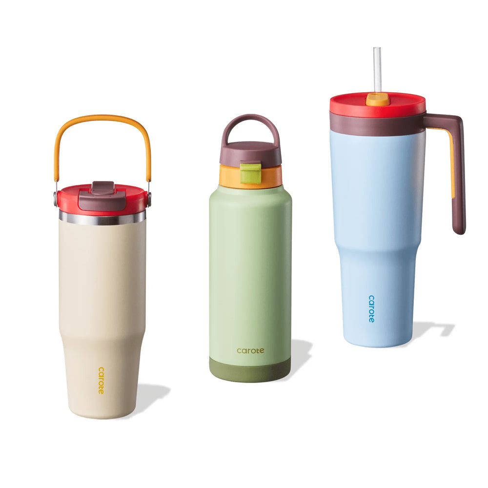 Carote 3pcs Insulated Stainless Steel Water Bottle and Tumbler Set with Straw/Handle, 34oz & 32oz*2, Blue - USA MEGA SHOP