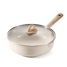 Taupe ceramic nonstick jumbo saute pan with glass lid and wood-look handles