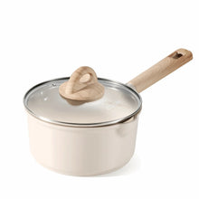 Ceramic nonstick saucepan with glass lid and wooden handle, taupe exterior