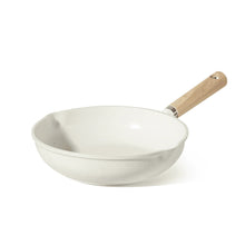 White nonstick frying skillet with wooden handle, 8 in cooking pan