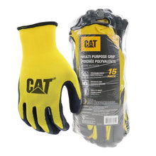 Yellow and black work gloves with CAT logo, 15-pack in sealed plastic bag