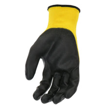 Yellow and black work glove with CAT logo, textured black fingertips