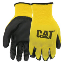 Yellow and black work gloves with CAT logo, textured grip palms