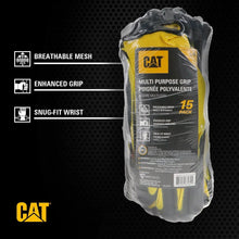 Yellow and black 15-pack work gloves in plastic bag with CAT logo