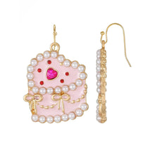 Heart cake earrings with pearl beads, pink topping, red heart gem, and gold hooks