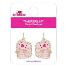 Pair of heart cake earrings with pearl border, pink center, red gem, and gold hooks