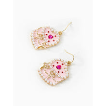 Heart cake earrings with pearl beaded design, pink frosting, red heart accents, gold hooks