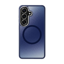 Metallic blue phone case with reflective ring and triple-camera cutouts