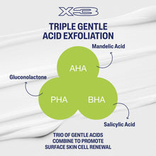 Triple gentle acid exfoliation graphic showing AHA, PHA, BHA and salicylic acid