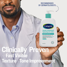 Cetaphil Gentle Exfoliating SA lotion bottle with teal pump held up, clinically proven