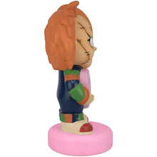 Lighted blow mold figure holding purple heart on pink base, side view