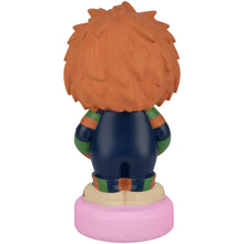 Lighted blow mold figure back view with orange hair and blue outfit, on pink base