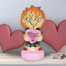 Lighted blow mold figure holding purple Happy Valentine’s Day heart on pink base