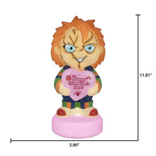 Lighted blow mold figure with orange hair, blue overalls, and purple heart on pink base