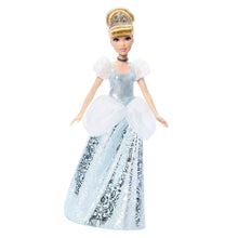Cinderella fashion doll with glittery light-blue gown, white puff sleeves, and tiara