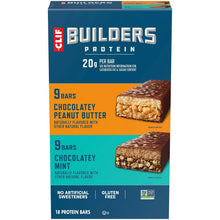 Protein bar carton showing chocolate peanut butter and chocolate mint, gluten-free