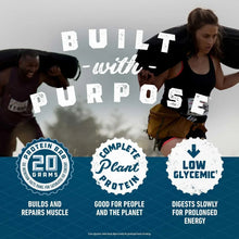 Protein bar promotional graphic with “BUILD with PURPOSE” and “20g protein” badge