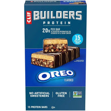 Oreo-flavored protein bars multipack box, blue CLIF BUILDERS design, 15 count