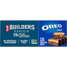 CLIF BUILDERS protein bar box panel showing OREO flavor and 15 protein bars