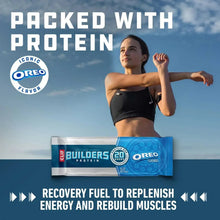 Oreo-flavored protein bars box with 20g protein and recovery message text