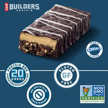 Oreo-style protein bar stack with chocolate drizzle and cookie center, gluten-free icons