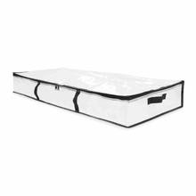 Clear under-bed storage bag with handles and zipper, black trim