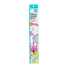 Washable fairytale coloring placemat kit with black-and-white mat and crayons, packaged