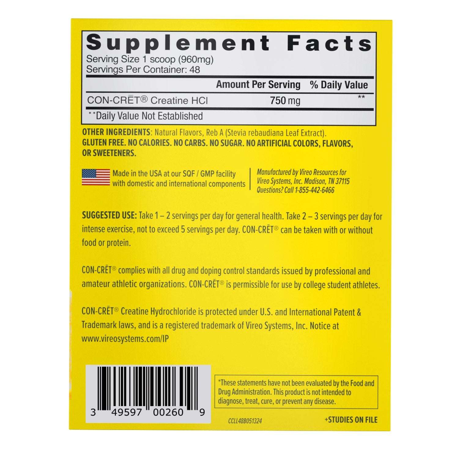 CON-CRET Creatine HCl Flavored Powder, Lemon Lime, 1.62 oz, 2-pack