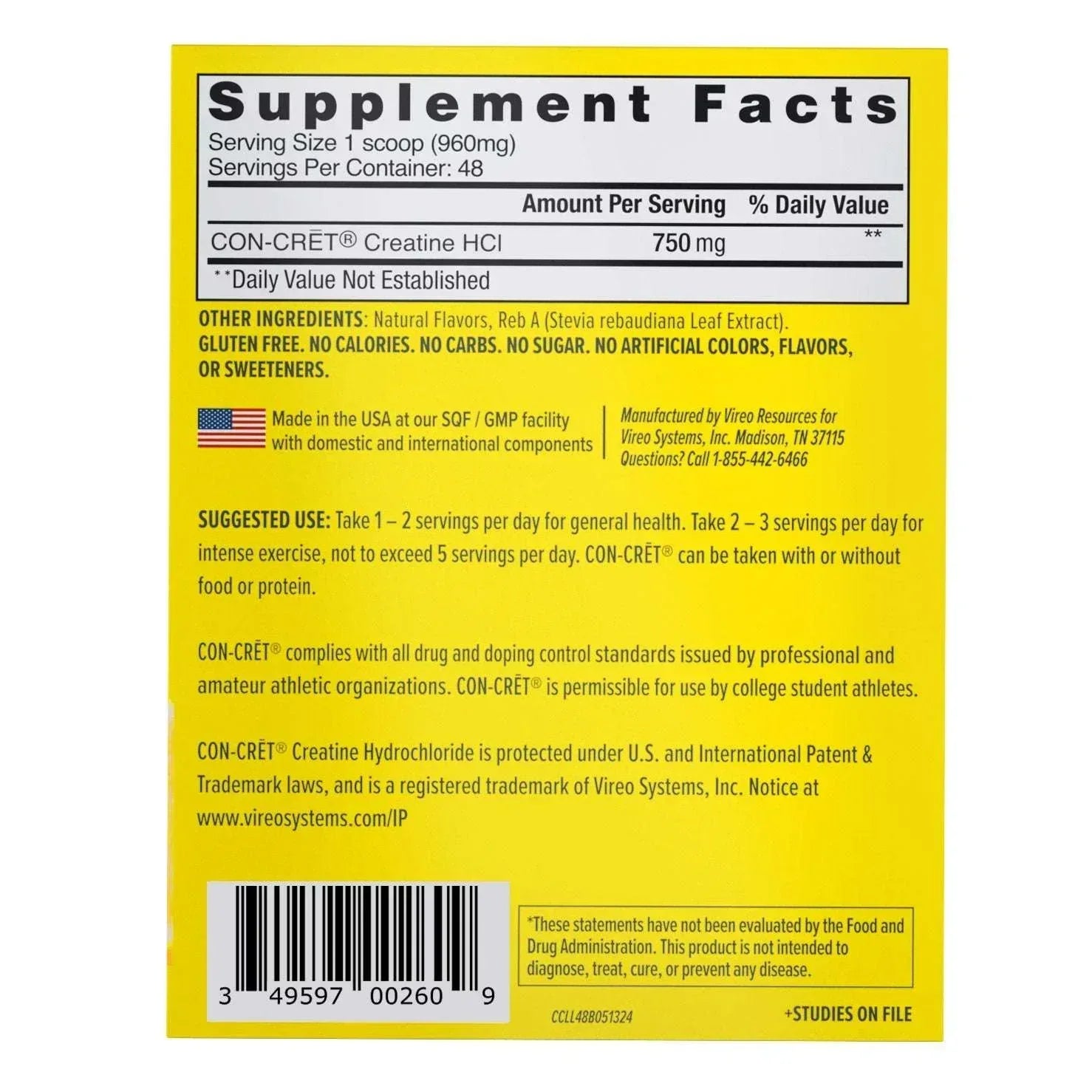CON-CRET Creatine HCl Flavored Powder, Lemon Lime, 1.62 oz, 2-pack
