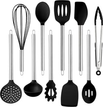 Black silicone cooking utensils set with stainless handles; whisk, ladle, spatula, spoon