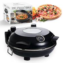 Electric countertop pizza oven in black with dial controls and side handle.