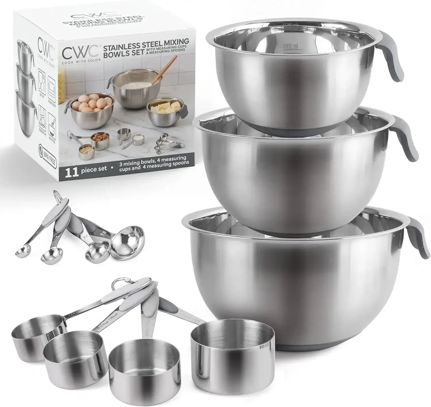 COOK WITH COLOR Stainless Steel Mixing Bowls Set and Measuring Cups- Nesting Bowls with Non-Slip Bottom and Easy-Grip Handles, 11 Pieces - USA MEGA SHOP